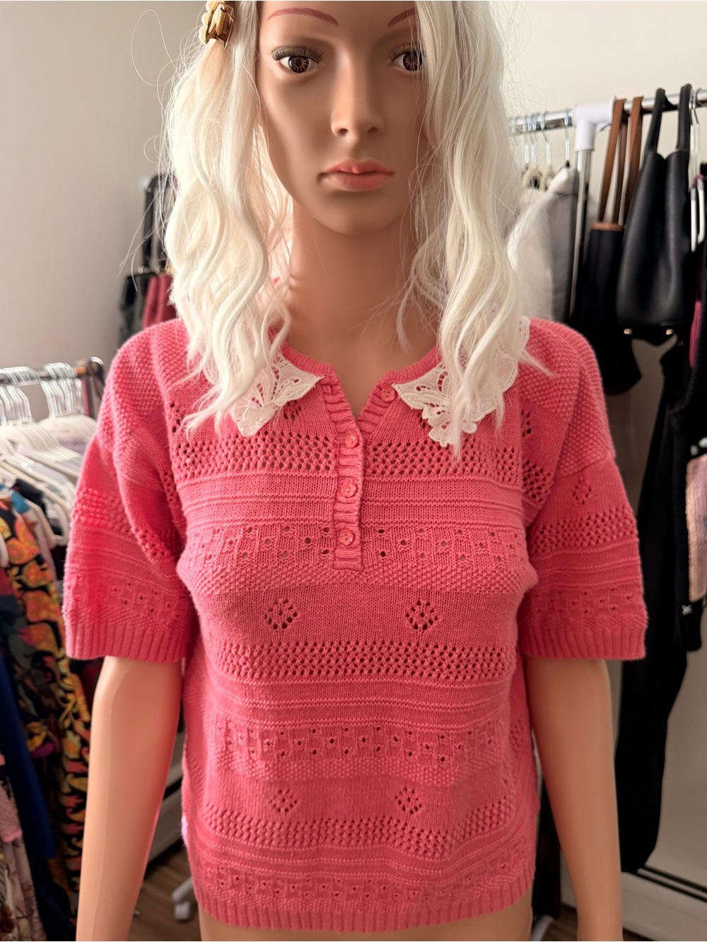 Vintage 90s “Grannycore” Pointelle Knit Top in Pink, Size Medium.